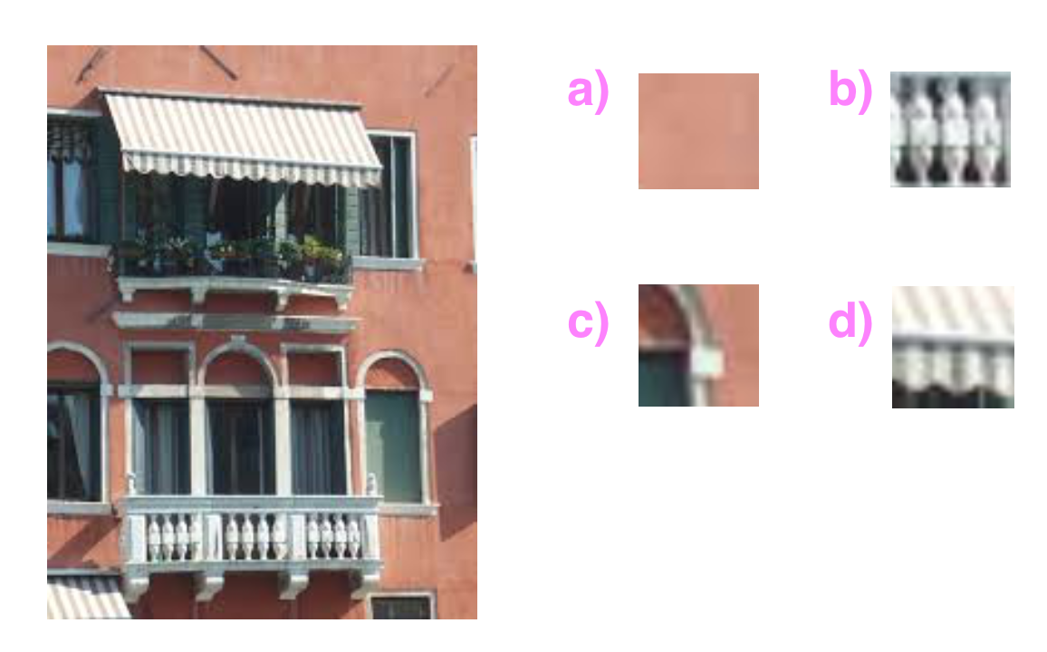 (Left) Building with a balcony and windows; (Right) small patches of that building